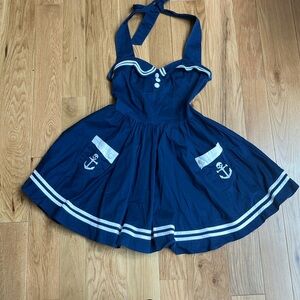 Hell Bunny Navy Blue Sailor Halter Skater Dress with White Trim